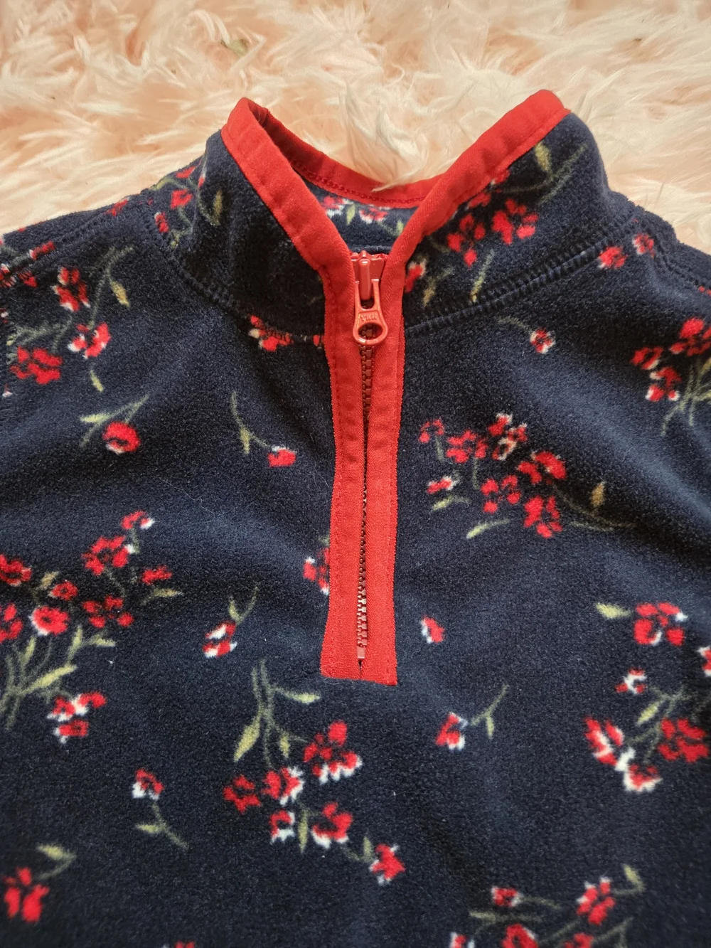Girls' Navy Floral Long-Sleeve Pullover Top with Red Trim
